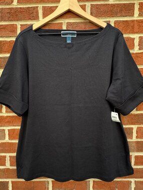 Karen Scott Boat Neck Tee Size 1X Black Short Cuffed Sleeves Timeless Classic
